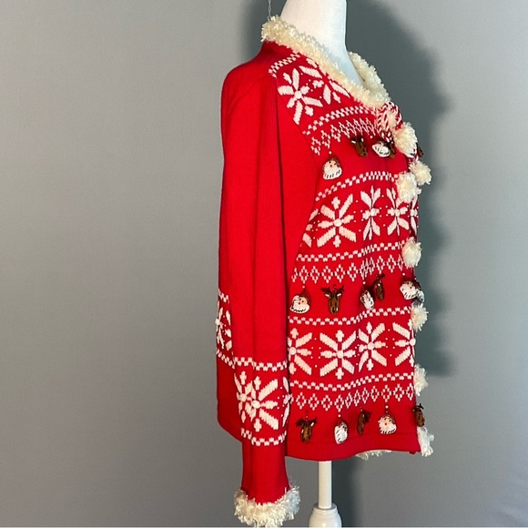 Just B Lg Cutest “Ugly Christmas Sweater”, Felt/Beaded Stuffed Reindeer, Santas - Picture 10 of 16